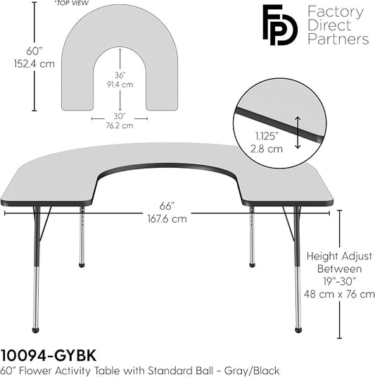 FDP Horseshoe Activity School and Office Table (60 x 66 inch), Standard Legs with Ball Glides for Collaborative Seating Environments, Adjustable Height 19-30 inches - Gray Top and Black Edge
