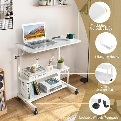 Karl home 31.5" Portable Rolling Desk on Wheels,Height Adjustable Standing Desk with 2 AC Outlets/3 USB Ports,Mobile Laptop Table with Hooks and Storage Shelves for Home Office,White