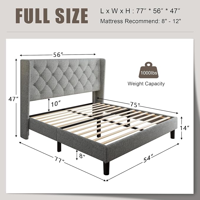 Einhomn Full Size Platform Bed Frame with Fabric Upholstered Wingback Headboard, 9" Under Bed Space, Wooden & Metal Slats Support, No Box Spring Needed, Light Gray