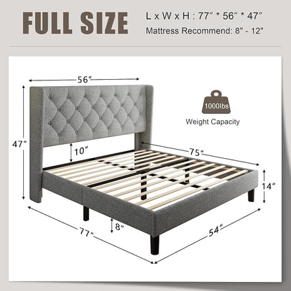 Einhomn Full Size Platform Bed Frame with Fabric Upholstered Wingback Headboard, 9" Under Bed Space, Wooden & Metal Slats Support, No Box Spring Needed, Light Gray