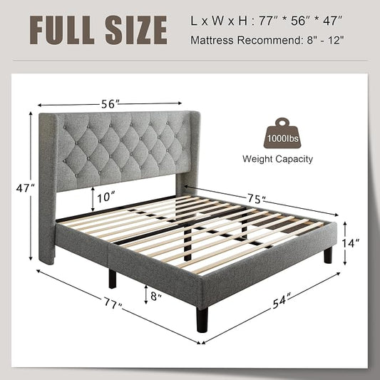 Einhomn Full Size Platform Bed Frame with Fabric Upholstered Wingback Headboard, 9" Under Bed Space, Wooden & Metal Slats Support, No Box Spring Needed, Light Gray