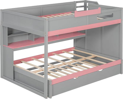 Wood Bunk Bed Full Over Full Size with Storage Staircase and Shelves, Bunk Beds Frame with Trundle and LED for Kids Teens, Space-Saving (Gray-12.15)