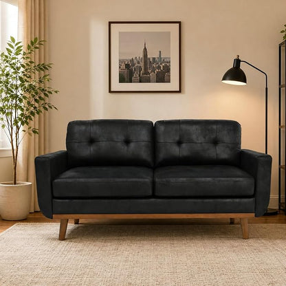 Ball & Cast 65" Loveseat Sofa,Mid Century Modern Love Seat Couches for Living Room,Button Tufted Upholstered Small Couch with Solid Wood Legs for Bedroom,Apartment,Office,Fabric,Black