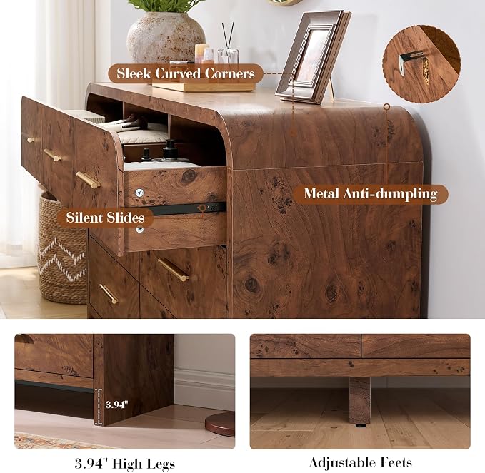 Curved 7 Drawer Dresser for Bedroom, 53.82'' Wide Chest of Drawers, Modern Storage Cabinet for Hallway & Living Room TV Stand, FSC Certified 1.18" Thick Board, 100 lbs Top Weight, Dark Burl