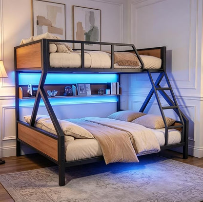 Bellemave Bunk Bed Queen Over King with LED, Heavy Duty Metal Bunk Beds with Storage Shelves and Lights, Woodgrain+Black