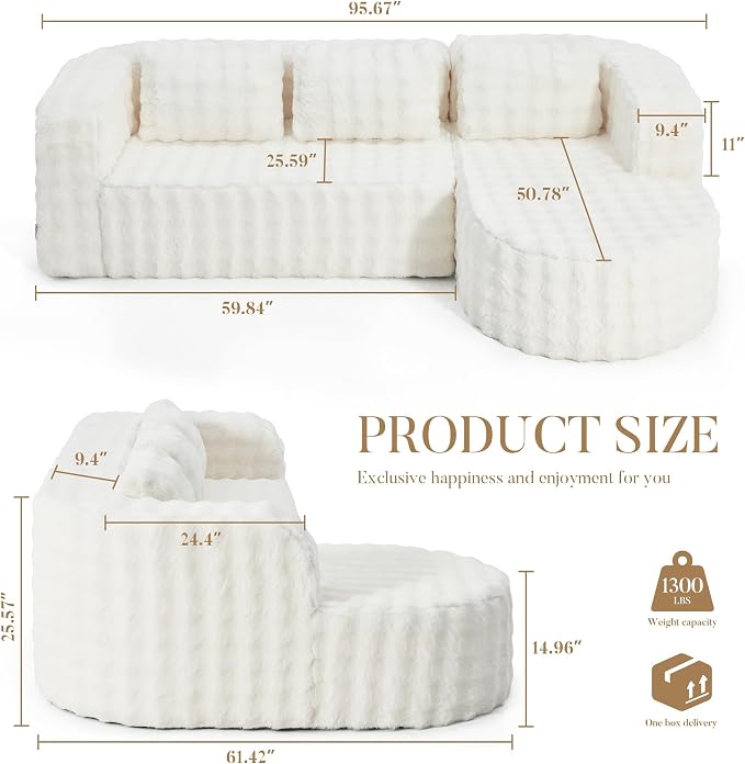 Hobestluk Modular Sectional Sofa Couches L-Shape Couch 3 Seat Modular Sofa Memory Foam Sectional Couches for Living Room, Cloud Couch (Round Eider White, 96", Right Hand Facing)