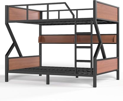 KEIKI Full Over Full Bunk Bed, Heavy Duty Metal Bunkbed with Storage Shelves, Lights, Bottom Space & Guardrail for Aldults Dorm Bedroom Guest Room, No Box Spring Needed, Noise-Free Design