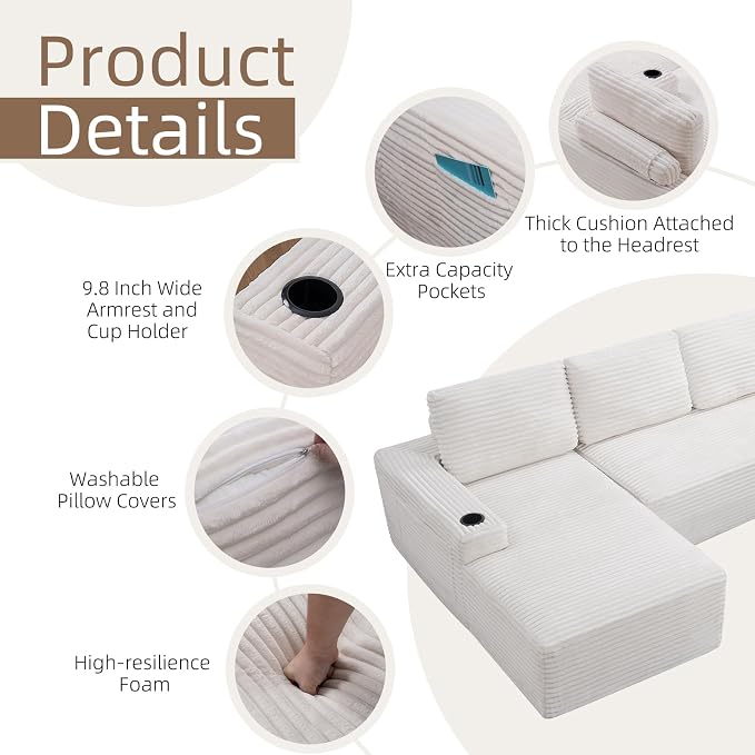 104" L Shaped Boneless Sectional Couches for Living Room, Comfy Corduroy Floor Cloud Sofa with Chaise and Cup Holder, Wide Armrest, Deep Seat, Assembly Free, Ideal for Small Spaces, Beige