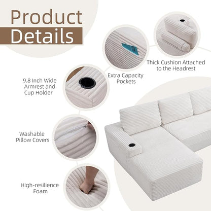 104" L Shaped Boneless Sectional Couches for Living Room, Comfy Corduroy Floor Cloud Sofa with Chaise and Cup Holder, Wide Armrest, Deep Seat, Assembly Free, Ideal for Small Spaces, Beige