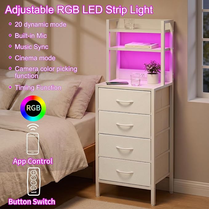 Fixwal 47 Inch Tall Nightstand with Charging Station, Led Night Stand with Socket, 4 PU Finished Fabric Storage Drawers, Office, Bedside Table & Bookshelf in One, White