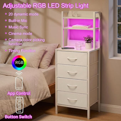 Fixwal 47 Inch Tall Nightstand with Charging Station, Led Night Stand with Socket, 4 PU Finished Fabric Storage Drawers, Office, Bedside Table & Bookshelf in One, White