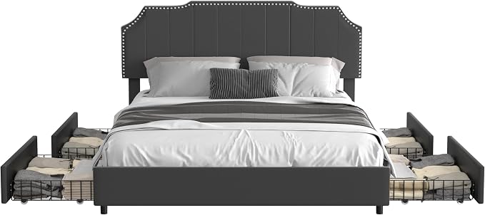 VECELO Full Bed Frame with 4 Storage Drawers & Upholstered Platform &Tufted Adjustable Headboard/Mattress Foundation/Wood Slat Support,Easy Assembly,Dark Grey