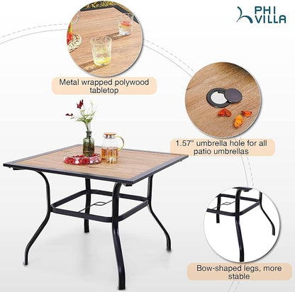PHI VILLA 5 Pieces Outdoor Dining Set for 4, 37" Square Metal Table with Polywood Top & Stackable Wrought Iron Chairs, Outside Furniture Set for Patio, Deck, Backyard, Porch