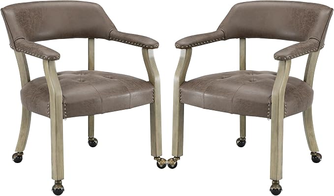 LEEMTORIG Set of 2 Dining Chairs with Casters and Arms, Rolling Dining Chairs with Wheels for Elderly, Ergonomic Wide Seat Wooden Office Desk Chairs, 26"D x 25.2"W, Grey Legs & Dark Brown SY-1318-DK
