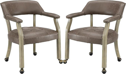 LEEMTORIG Set of 2 Dining Chairs with Casters and Arms, Rolling Dining Chairs with Wheels for Elderly, Ergonomic Wide Seat Wooden Office Desk Chairs, 26"D x 25.2"W, Grey Legs & Dark Brown SY-1318-DK