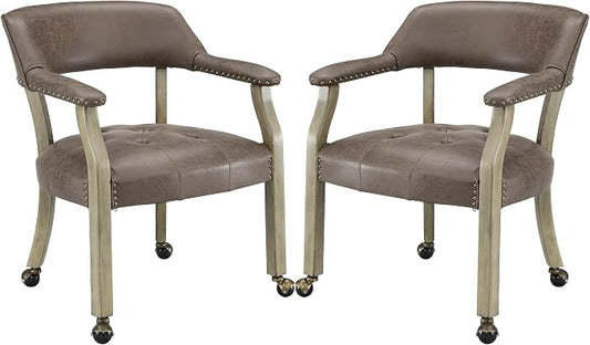 LEEMTORIG Set of 2 Dining Chairs with Casters and Arms, Rolling Dining Chairs with Wheels for Elderly, Ergonomic Wide Seat Wooden Office Desk Chairs, 26"D x 25.2"W, Grey Legs & Dark Brown SY-1318-DK
