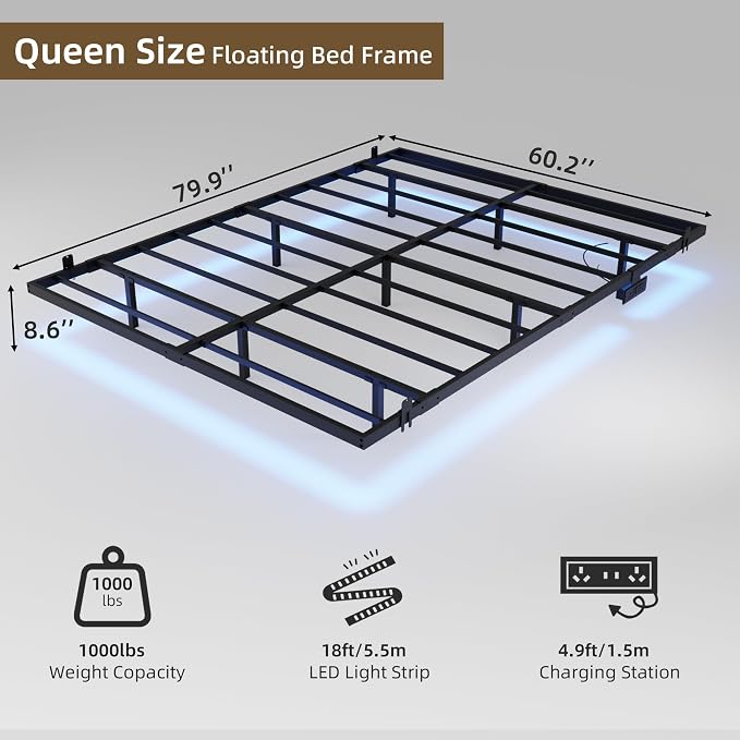 Floating Bed Frame Queen Size with Charging Station and LED Lights, Metal Platform Bed Frame, No Box Spring Needed, Easy Assembly, (Queen)
