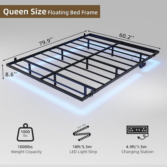 Floating Bed Frame Queen Size with Charging Station and LED Lights, Metal Platform Bed Frame, No Box Spring Needed, Easy Assembly, (Queen)