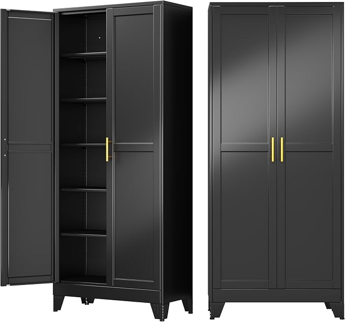 75" Metal Garage Storage Cabinet with 2 Doors, 5 Adjustable Shelves | Metal Storage Cabinets,Steel Tool Cabinets for Home Office,Garage,Warehouse, Widen (Black, 75''H x 32''W x 16''D-B)