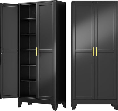 75" Metal Garage Storage Cabinet with 2 Doors, 5 Adjustable Shelves | Metal Storage Cabinets,Steel Tool Cabinets for Home Office,Garage,Warehouse, Widen (Black, 75''H x 32''W x 16''D-B)