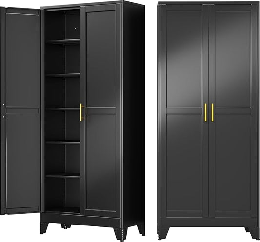 75" Metal Garage Storage Cabinet with 2 Doors, 5 Adjustable Shelves | Metal Storage Cabinets,Steel Tool Cabinets for Home Office,Garage,Warehouse, Widen (Black, 75''H x 32''W x 16''D-B)