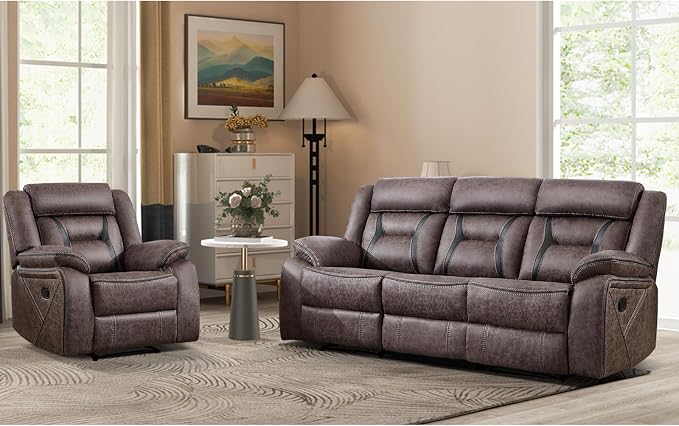 EBELLO Manual Recliner Sofa Set, Faux Leather Reclining Living Room Furniture Set, Included Recliner Chair and 3 Seat Manual Recline Sofa, Grey