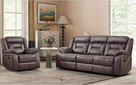 EBELLO Manual Recliner Sofa Set, Faux Leather Reclining Living Room Furniture Set, Included Recliner Chair and 3 Seat Manual Recline Sofa, Grey