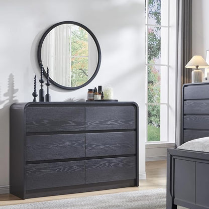 Aitjunz Modern 6 Drawers Dresser for Bedroom, 47" Wide Wood Dressers & Chests of Drawers w/Curved Profile Design, Mid Century Modern Dresser w/Natural Texture for Bedroom, Living Room, Black