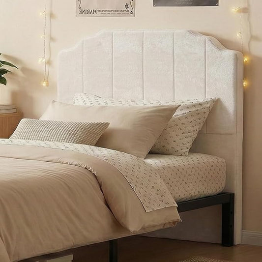 Twin Headboard Only - Beige Velvet Upholstered Headboard for Bed, No Assembly Required, Pure Sponge Design, Comfort Head Board, Place Between Bed & Wall, Vertical Stripe with Stepped Crown Top Edge