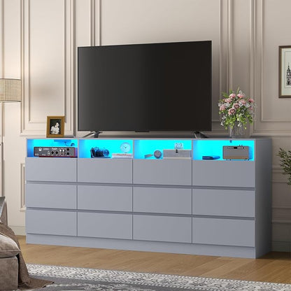 Gyfimoie 6-Drawer Dresser with Divided Compartments, Charging Station & LED Lights, 63" Wide TV Stand for TVs up to 75", Large Organizer with 4 Open Cubbies, Light Grey (Light Grey, 6 Drawers)