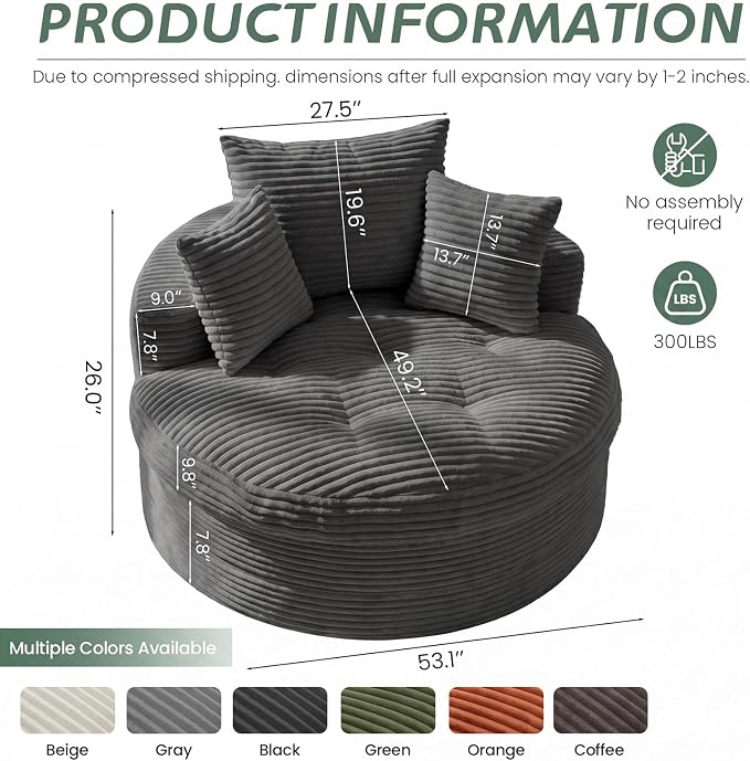 Oversized Round Chaise Lounge Chair, Deep Seat Cloud Boneless Floor Sofa Couch, Upholstered Corduroy Sleeper with 3 Pillows & Optional Ottoman, No Assembly Modern Lazy Floor Lounger for Living Room