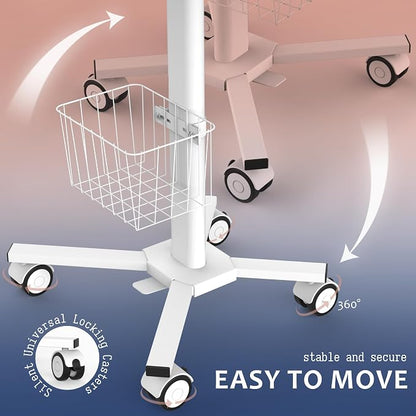 Adjustable Height Portable Laptop Desk with Wheels,White Computer Cart on Wheels,Standing Mobile Desk Workstation, Utility Medical Cart
