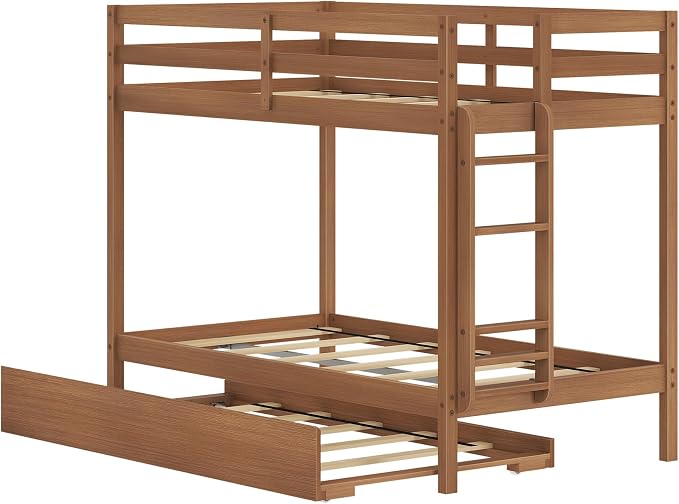 Grain & Grove Bear Twin Over Twin Bunk Bed with Trundle Bed, Sturdy Bunk Bed Frame for Kids, Plywood Bunk with Ladder, Guardrail, and Slats, No Box Spring Required, Oak Embossed Pecan