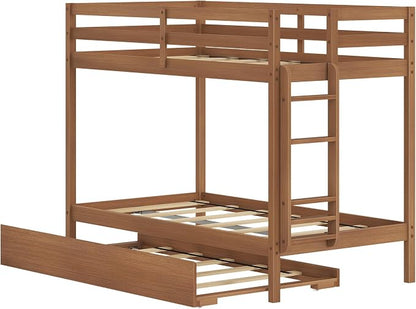 Grain & Grove Bear Twin Over Twin Bunk Bed with Trundle Bed, Sturdy Bunk Bed Frame for Kids, Plywood Bunk with Ladder, Guardrail, and Slats, No Box Spring Required, Oak Embossed Pecan