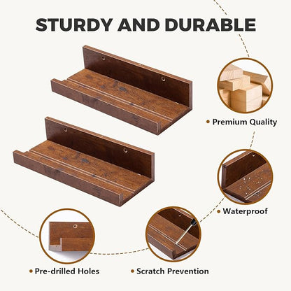 Muzilife 12" Small Floating Wall Ledge Shelves with Lip - Set of 4 Wood Floating Shelves - Walnut Brown Wall Mounted Picture Ledge for Office, Bathroom, Bedroom, Living Room, Kitchen