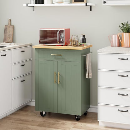 Shintenchi Kitchen Island cart with Storage, Portable Bar Cabinet on Wheels, Rolling Microwave Cart Side Table with Workstation for Kitchen, Dinning Room, Green