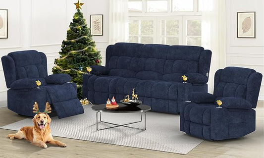 Dresegmt Loveseat Recliner Sofa Set, Flip Middle Backrest Design 3 Seater Reclining Sofa and 2PC Single Oversized Recliner Chair, Manual Couches for Living Room/RV (Blue, 3+1+1)