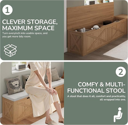 Bobve L-Shape Storage Bench with Cushion, Backless Corner Dining Bench, Kitchen Dining Nook Bench with Hidden Storage for Dining Room, Kitchen, Entryway (Wood+White)
