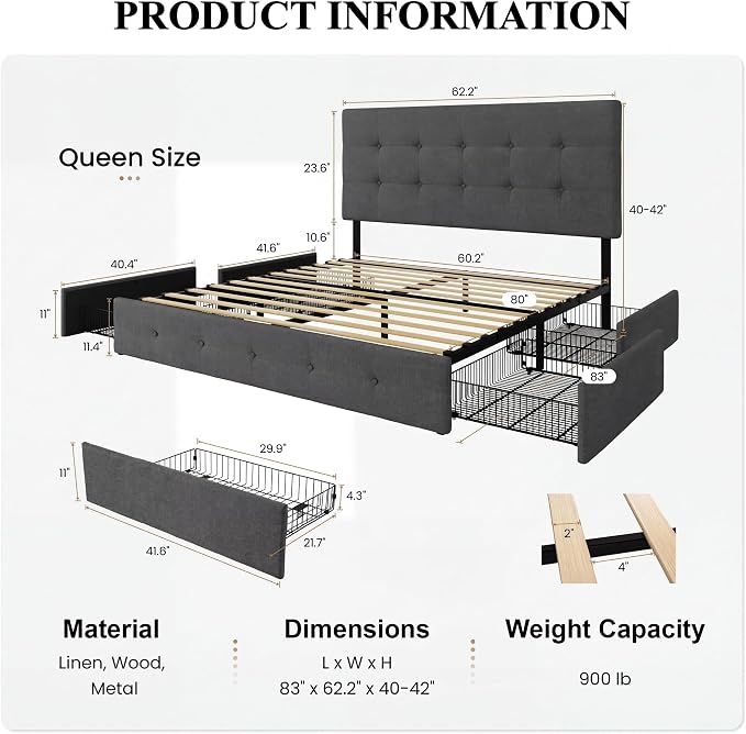 SHA CERLIN Upholstered Queen Size Platform Bed Frame with 4 Storage Drawers, Adjustable Headboard with Square Stitched Button Tufted Design, Wooden Slat Support, No Box Spring Needed, Dark Grey