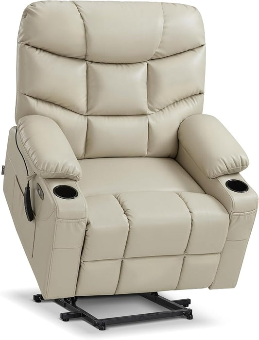 MCombo Oversized Power Lift Recliner Chair with Extended Footrest, Extra Wide for Big and Tall Elderly People, Faux Leather R7289 (Beige, Medium-Wide)