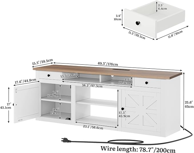 YITAHOME 70" Farmhouse TV Stand for 75/80 Inch TVs, Entertainment Center with Drawers, Adjustable Shelves & Built-in Power Outlet, Stable Anti-Tip TV Console Cabinet for Living Room, White+Walnut Top