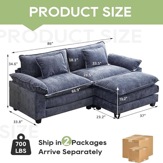 Oprisen 86" Modular Sectional Sofa, Comfy Cloud Couch Sectional Sofa with Ottoman, Chenille Sofa Sleeper Deep Seat Sofa with Throw Pillows for Living Room (Blue, 86"- L Shape)