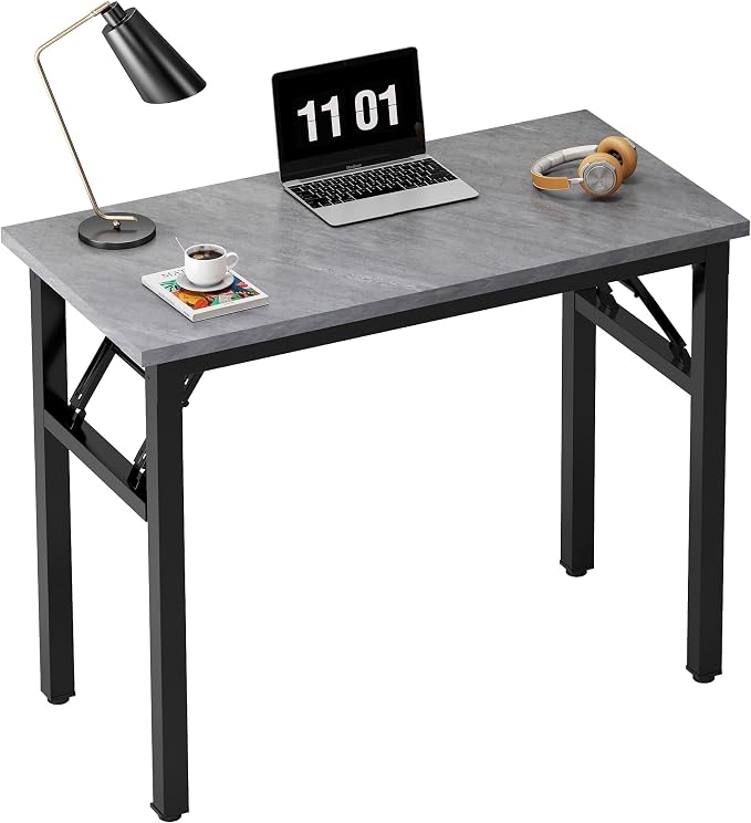 Need 31.5 Inch Folding Desk for Small Spaces, Home Office Computer Desk with Grey Wood Top & Black Frame, Foldable Writing Table for Study, Bedroom, Dorm Room & Student