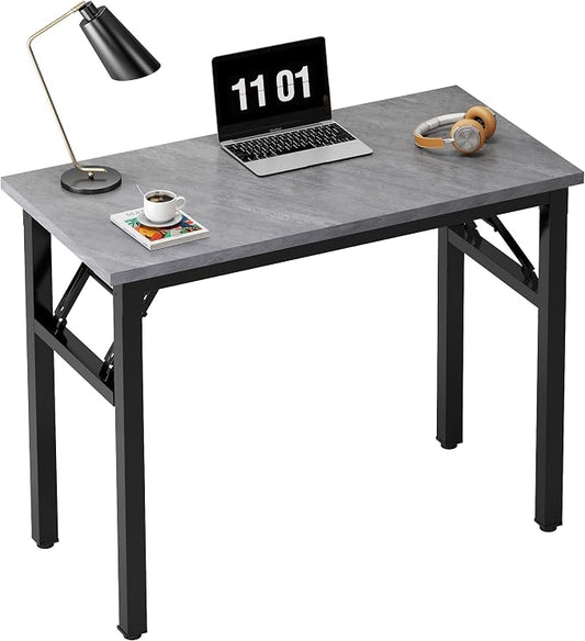 Need 31.5 Inch Folding Desk for Small Spaces, Home Office Computer Desk with Grey Wood Top & Black Frame, Foldable Writing Table for Study, Bedroom, Dorm Room & Student
