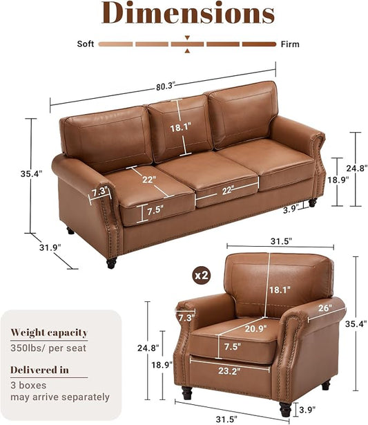Kingfun 3 Seater Sofa, Mid-Century Modern Faux Leather Couch Set for Living Room, Brown with Rolled Arms & Nailhead Trim, Easy Assembly