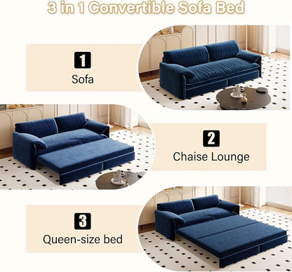 66" Sleeper Sofa Bed Queen Size, 3-in-1 Convertible Couch, Modern Pull Out Couches, Comfy Velvet Futon Sofa, Cloud Loveseat Lounge, Pillow Arm, for Small Spaces, Living Room, Apartment, Blue