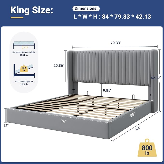Allewie King Size Lift Up Storage Bed Frame, Hydraulic Support System, Upholstered Platform Bed Frame, Underneath Storage, Vertical Channel Tufted Headboard with Wingback, No Box Spring Needed, Grey