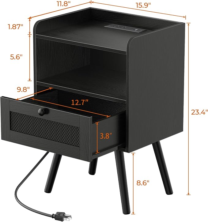 SUPERJARE Nightstand with Charging Station, Bedside Table with Texilene Surface Drawers, Rattan Side Table with Storage & Solid Wood Feet, End Table for Bedroom, All Black