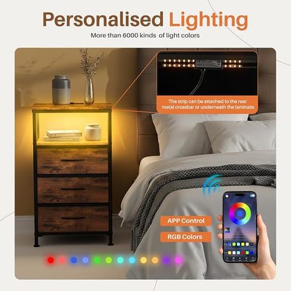 Sweetcrispy Nightstand with Charging Station, Bedside End Table with 3 Fabric Drawers, USB & Type-C Ports with AC Outlets, Adjustable Feet & Dimmable LED Light Strip, Modern Bedroom Furniture, Brown