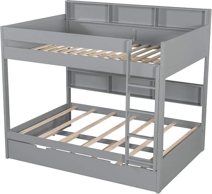 Wood Bunk Bed Twin Over Twin Size with Built-in Storage Shelves, Versatile Bunk Bed Frame with Ladder and Trundle Bed for Kids Teens Adults, Maximize Space (Gray-T2)